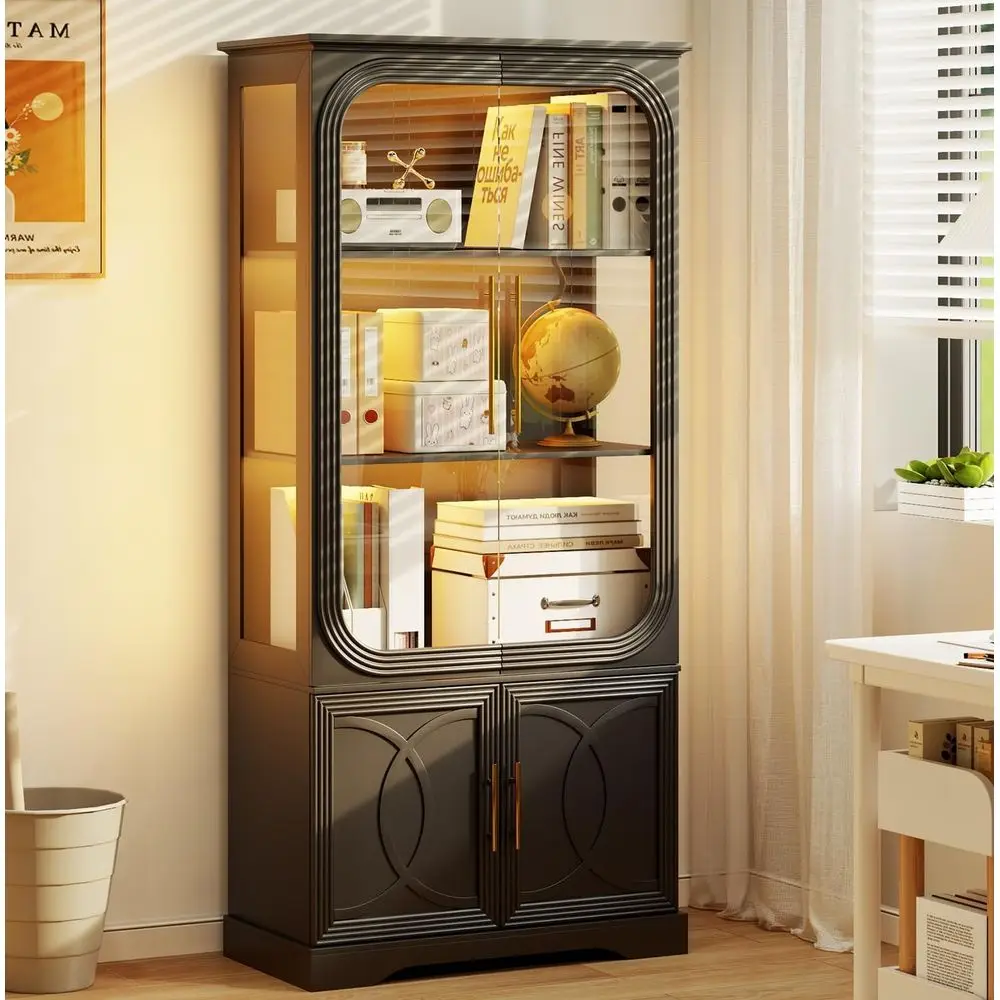 69 Tall Glass Display Cabinet with LED Lights, Storage and Pantry Solutions for Home Office | Black