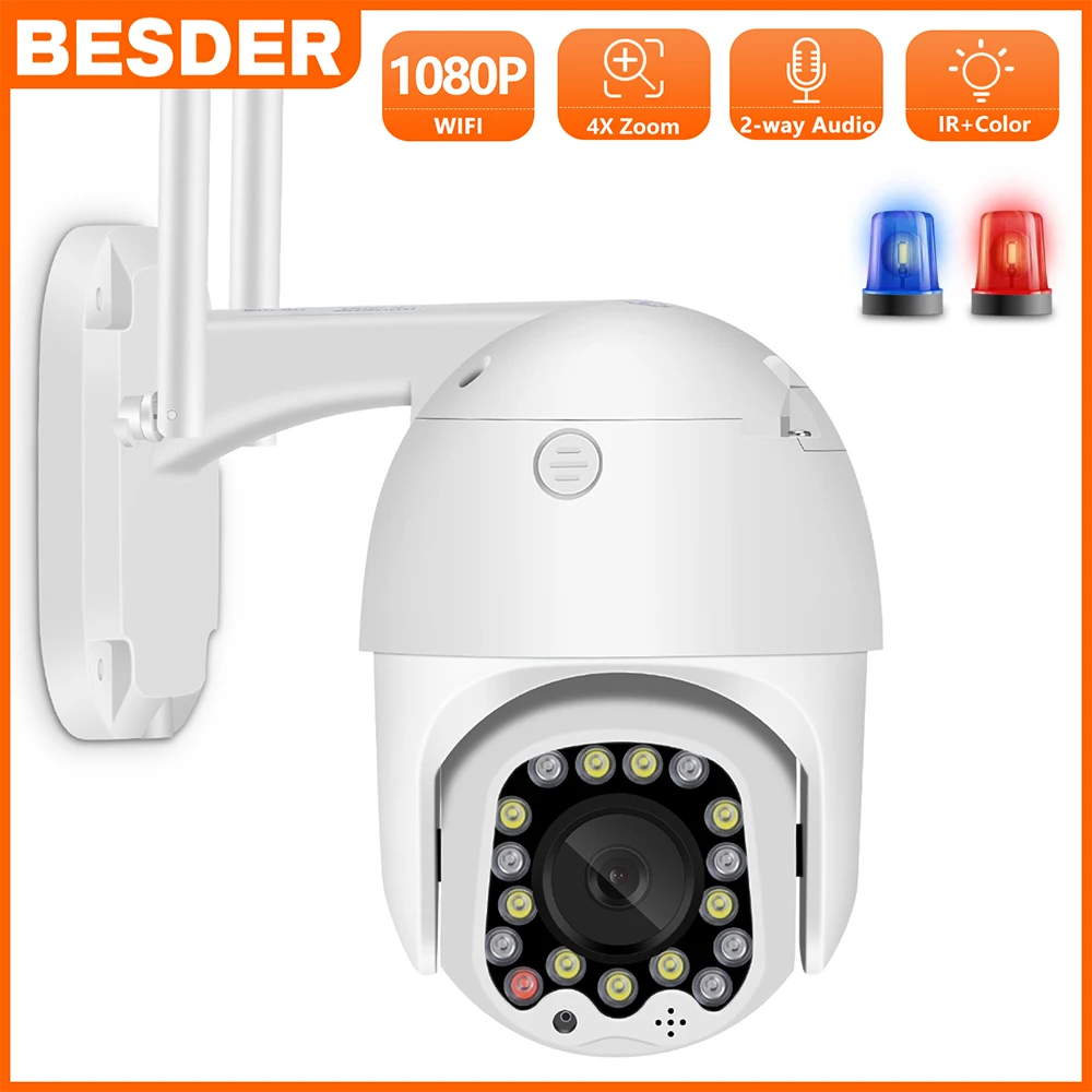 BESDER 1080P PTZ Two-Way Audio WiFi Camera 4x Digital Zoom Color/IR Night Vision Auto Tracking Waterproof IP Camera Siren Light