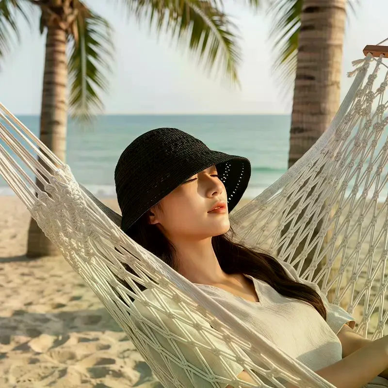 Women Hollow Out Straw Bucket Hat Breathable Sun Protection Face Slimming Design For Beach Outdoor Daily Wear