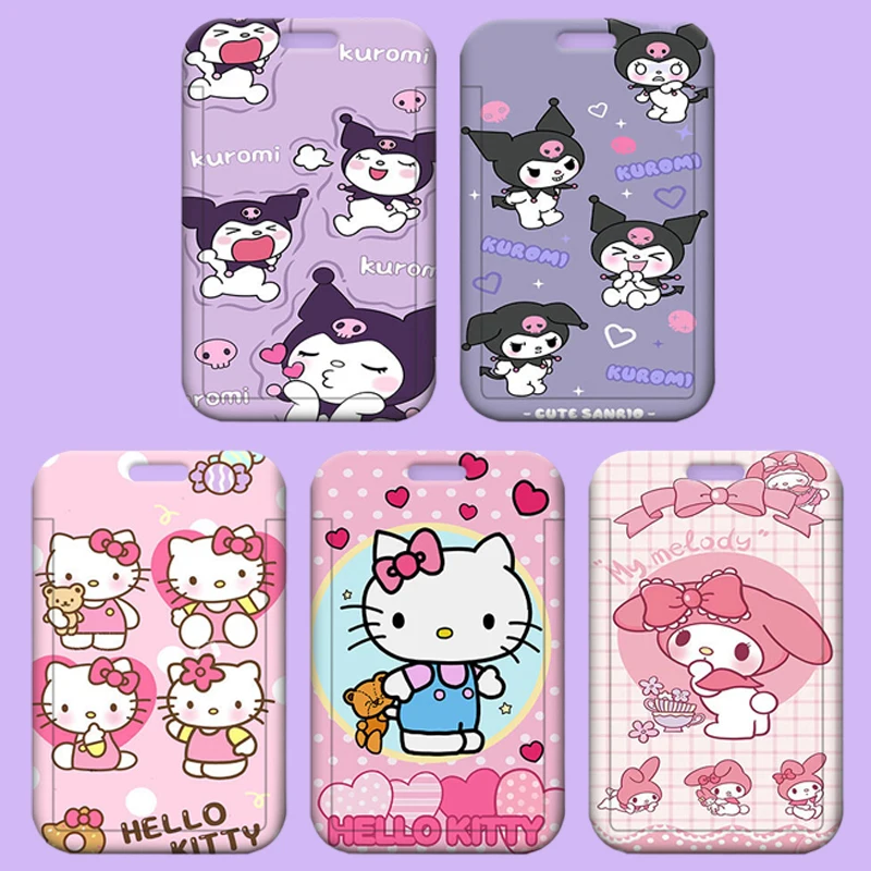 Sanrio Hello Kitty Photo Card Holder Kawaii Kuromi Telescopic Easy-Pull Buckle Card Sleeves Pendant Meal Card Bus Card Cover