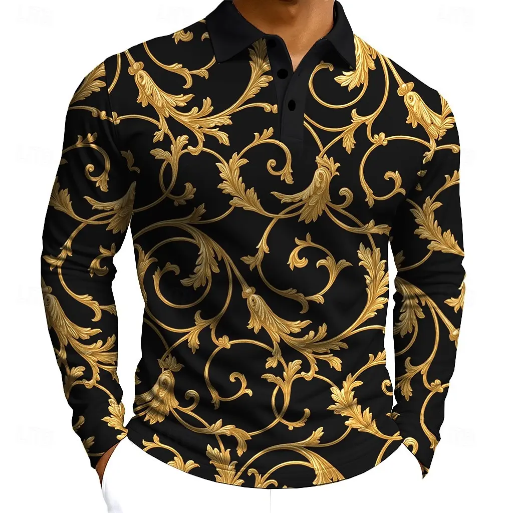 

2025 Men's Floral Long Sleeve Polo Shirt Breathable Business Casual Top Slim Fit Quick Dry Multi Colors Fall Winter