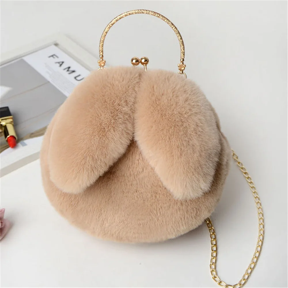 Cute Warm Winter Faux Fur Crossbody Bags for Girl Women Plush Handbag Lady Shoulder Bags Long-Eared Rabbit Messenger Bag