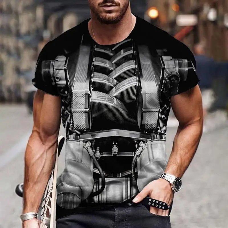 Men's Spring Summer 3D Printed Crew Neck T-Shirt, 3D Simulation Mechanical Armor Muscle Chest Print Casual Street Daily Tee
