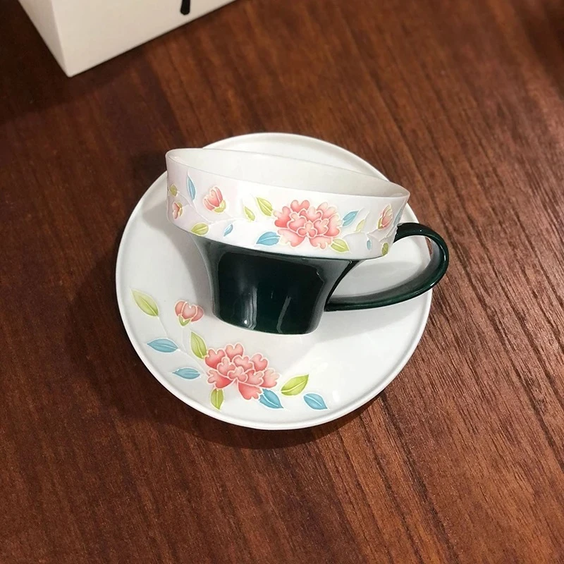 Peony Flower Pattern Ceramic Cup&saucer Dining Table Coffee Mug Milk Tea Mugs Afternoon Tea Teacup Fruit Juice Container