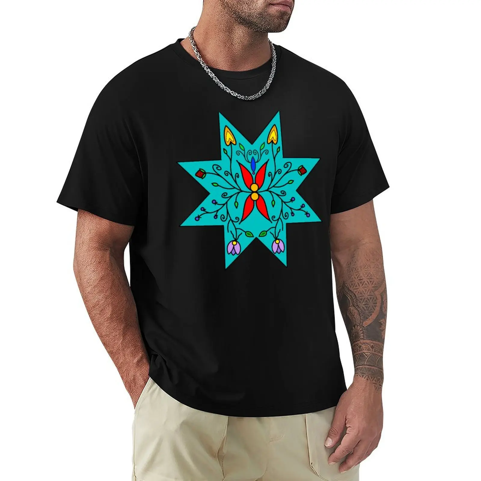 

Turquoise Floral Star T-Shirt vintage t shirts anime figures shirts graphic tee funny t shirts for men