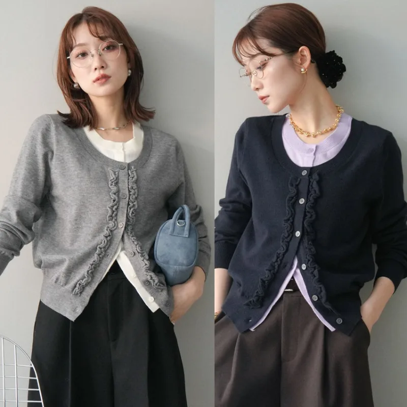 

Ruffles Sweater Cardigan Women's Autumn Winter Korean Fashion O-Neck Long Sleeve Fake Two-Piece Knitted Slimming Outerwear Tops