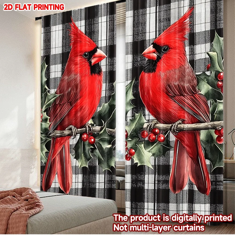

2D flat printing 2pcs Curtain Drapes Christmas Cardinals on Holly Digital Printed Polyester Drapes Festive Wall Decor Use for