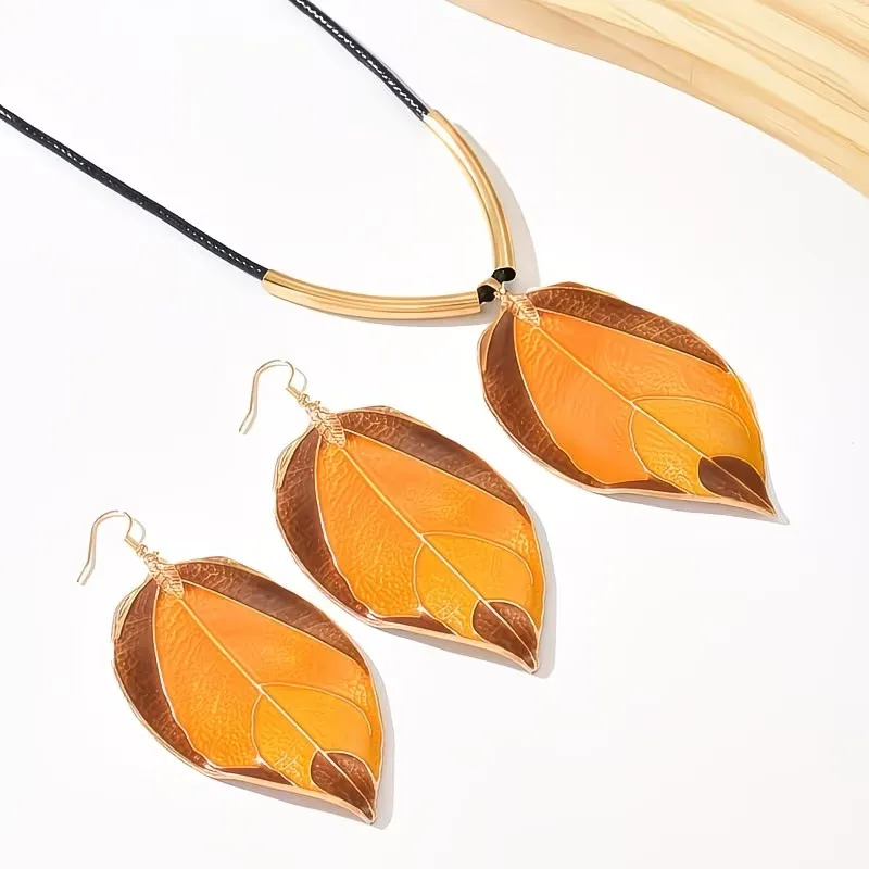 Bohemian Plated Leaf Necklace & Earrings Set