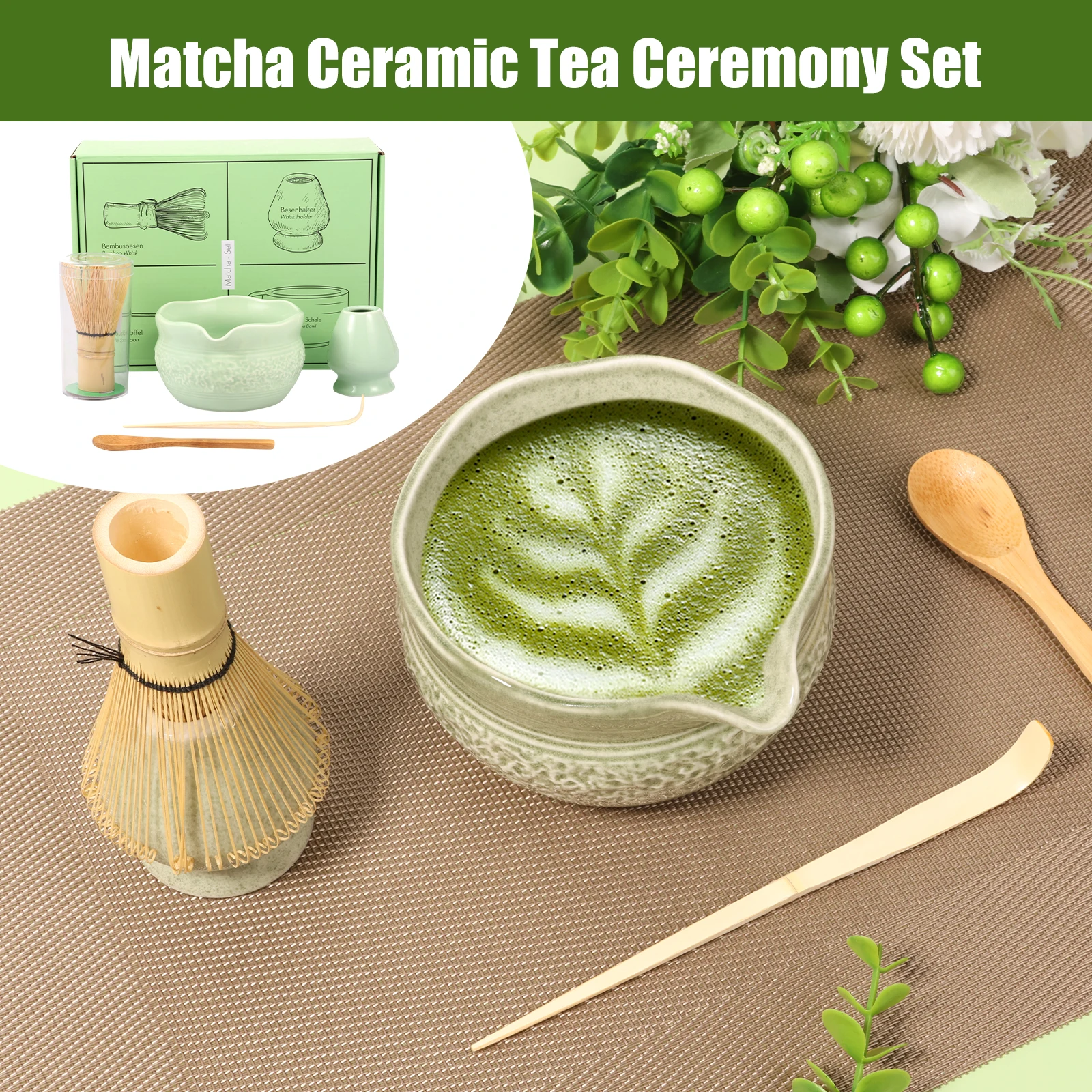 

Держатель для чаши и венчика Matcha, бамбуковая и керамическая чашка премиум-класса, 580 мл, легко чистящаяся для стартового набора Matcha, чайный сервиз Matcha