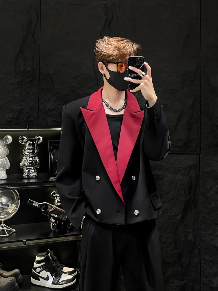 Youthful Style Men Chic Spliced Contrasting Colors Suit Jacket Korean Style Double Breasted Blazers Coat Loose Fashion Outerwear