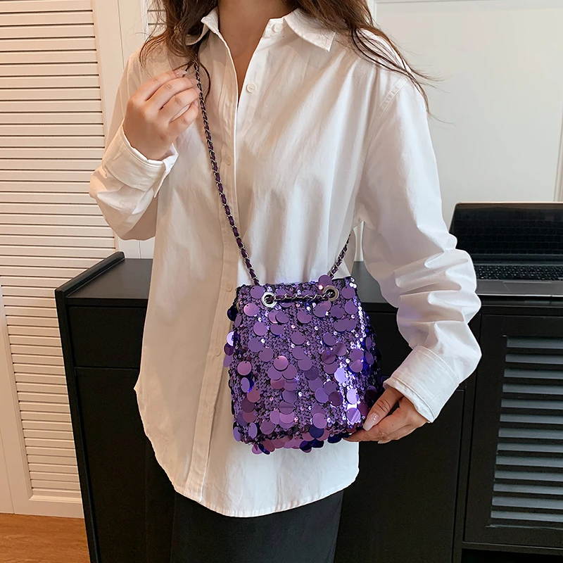 Trendy Designer Shiny Bucket Evening Bag Shoulder Crossbody Bags Women Handbags and Purses 2023 New Ladies Messenger Bags