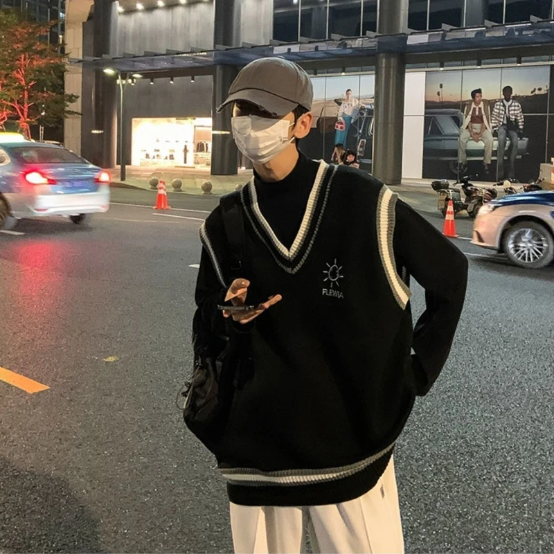 

Черный мужской вязаный жилет на осень-зиму 2025 года, утолщенный свободный пуловер с v-образным вырезом, повседневный универсальный топ высокого качества