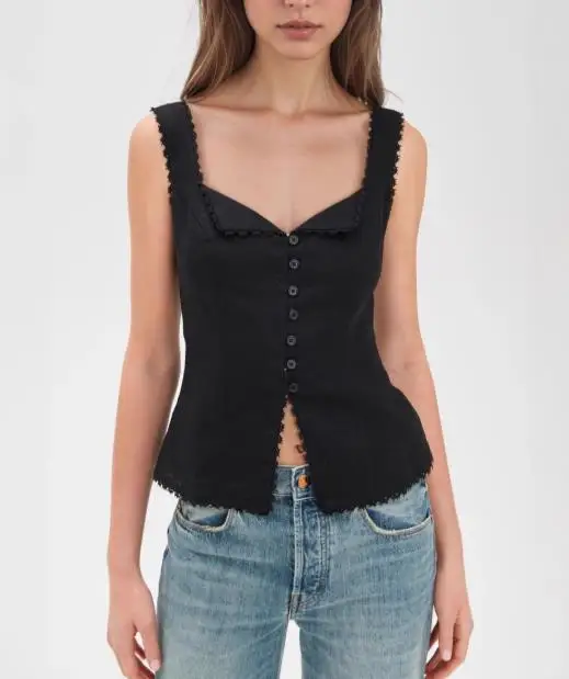 

Retro-style women's cotton and linen lace patchwork fashion versatile button-down camisole sleeveless top