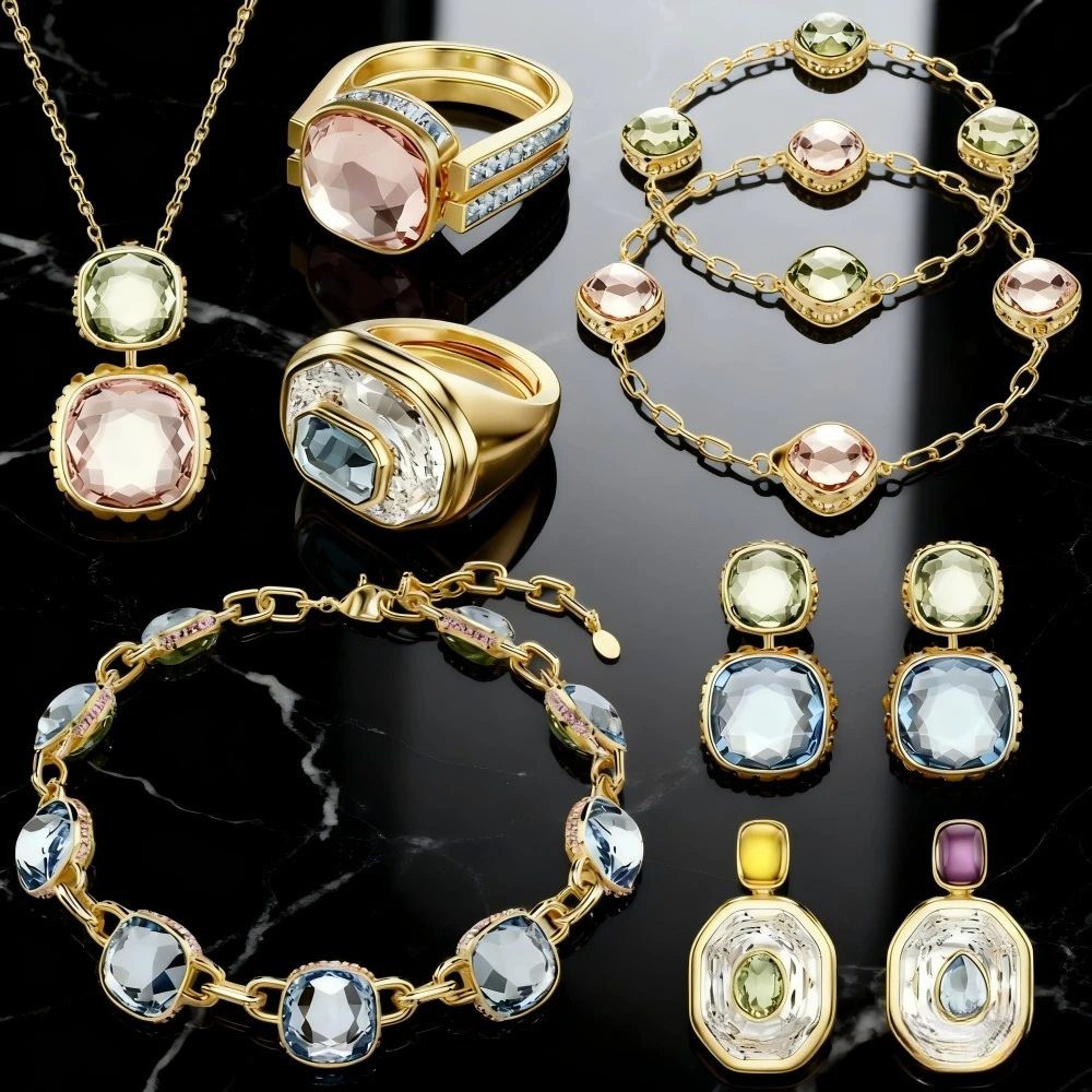 

Модные аксессуары 2025 года, комплект ювелирных изделий для вечеринки, зеленый, розовый, синий, капля воды, кристалл, роскошное ожерелье, серьги, кольцо, женский подарок