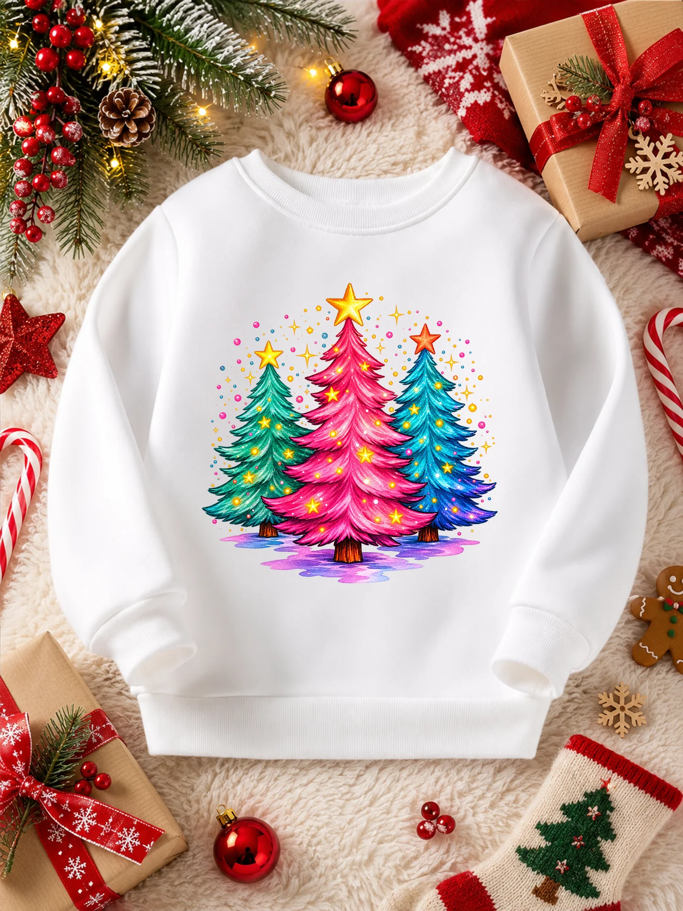 Just A Girl Who Loves Christmas Girls Sweatshirt, Christmas Tree Gingerbread Man Print Casual Pullover for Kids