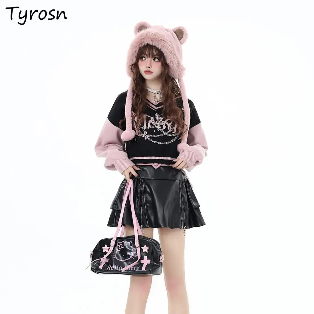 

Pullovers Women Spliced Knited Loose Letter Printed All-match Hotsweet Fashion Cozy Ins Sexy Girls Streetwear Off-shoulder Y2k