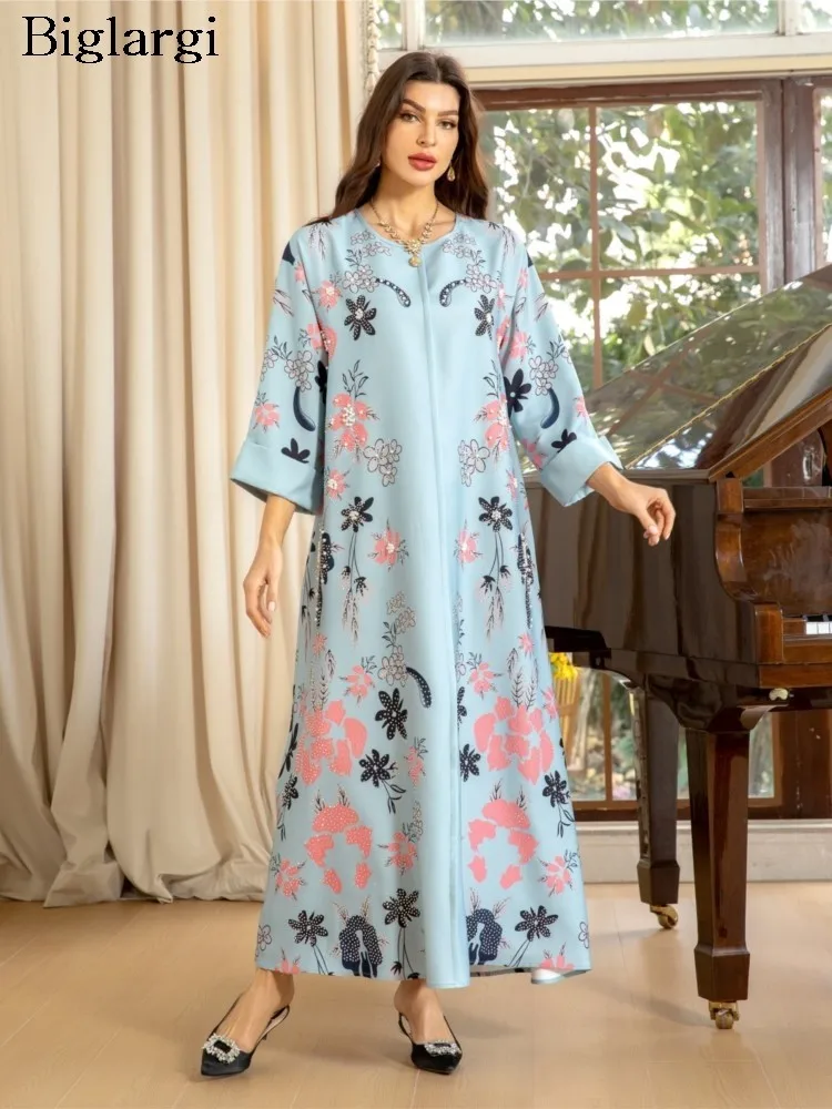 

Spring V-Neck Dress Women Flower Floral Print Fashion Diamond Bling Ladies Long Sleeve Dresses Ruffle Loose Woman A-Line Dress