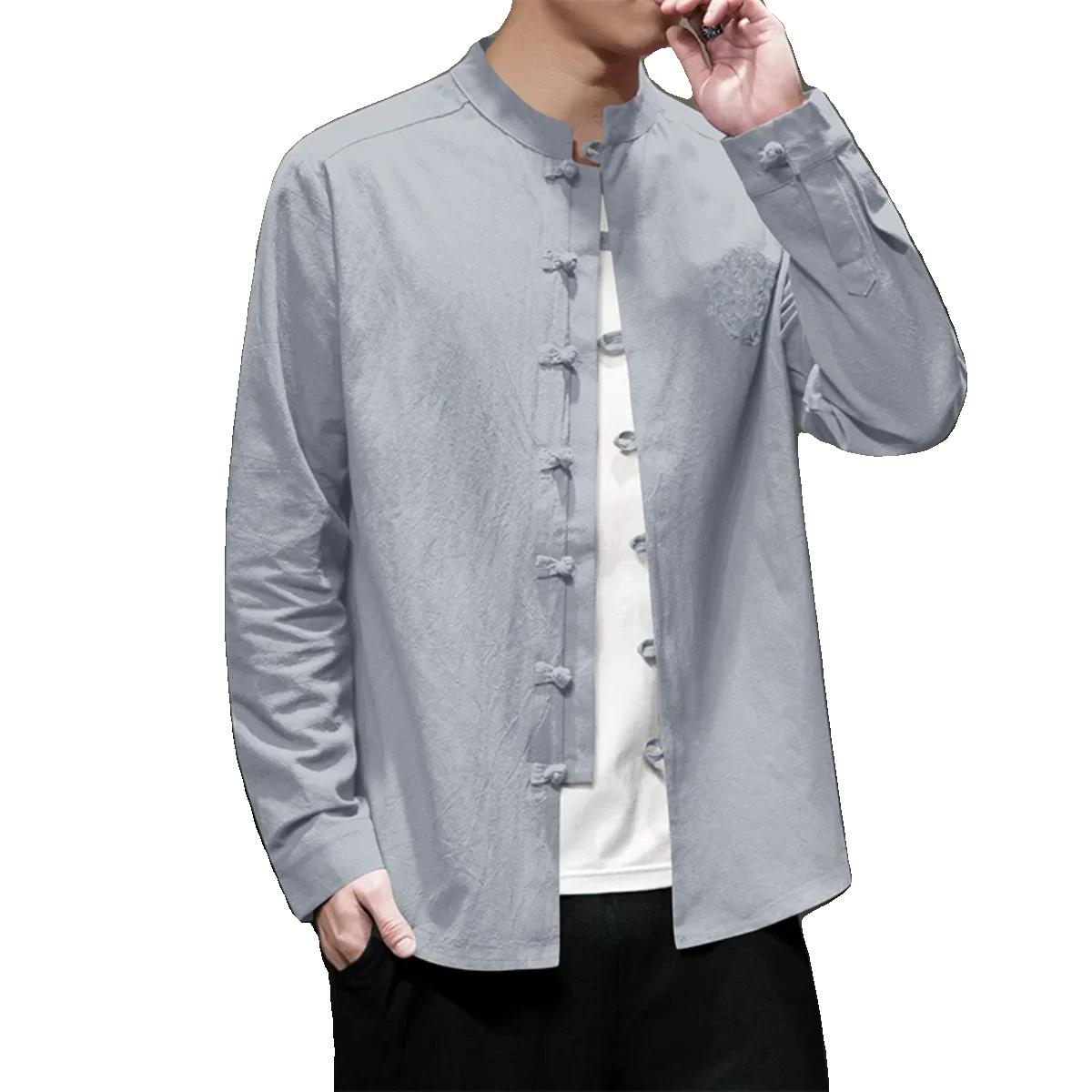 2025 Spring New Men Chinese Style Cotton Linen Shirt Men Solid Color Loose Shirts Traditional Kung Fu Tai Chi Hanfu Shirt