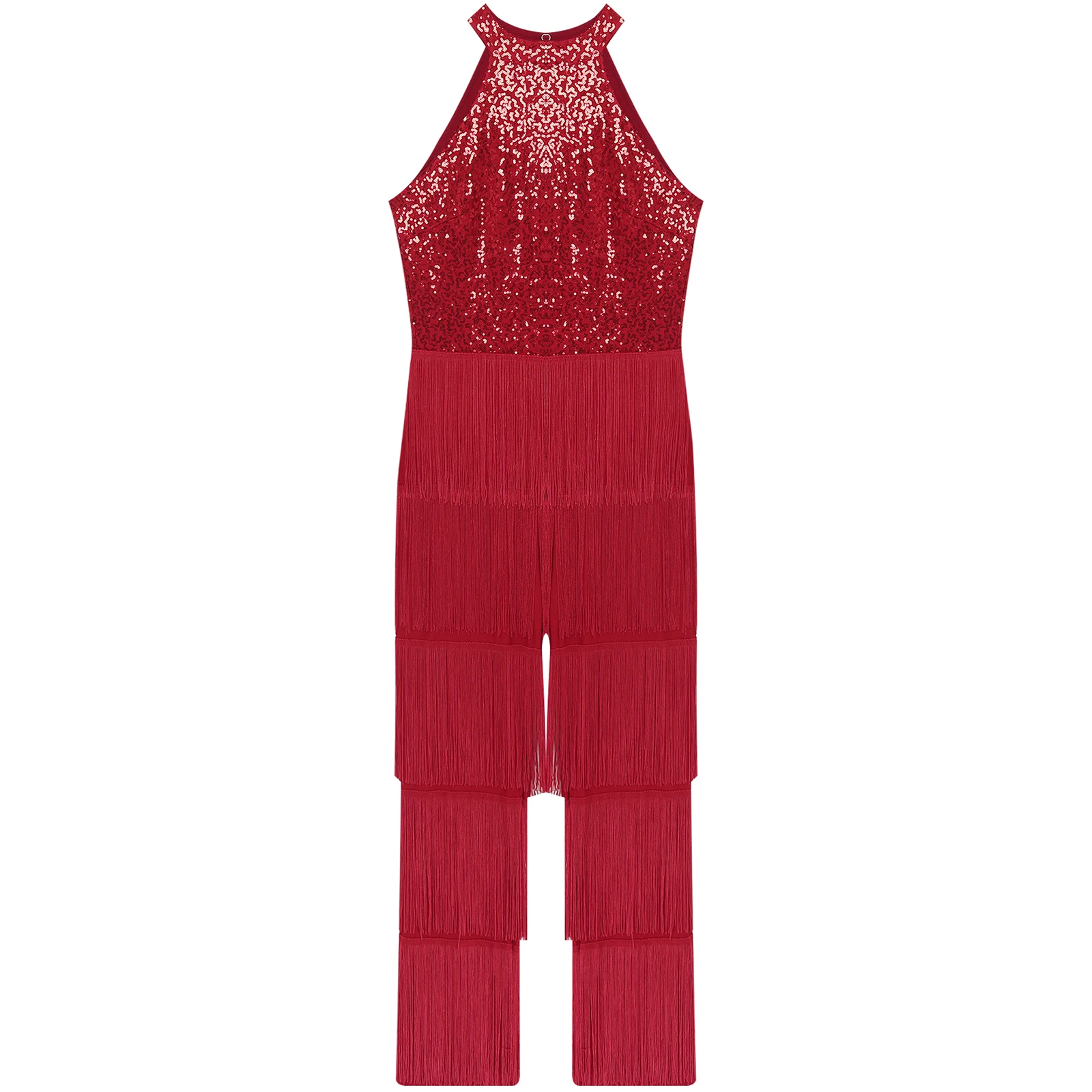 สตรีเซ็กซี่Sequinsฉัตรพู่Rompers HalterแขนกุดBackless Jumpsuit Clubwearบอดี้สูทCha-Cha Latin Jazz Danceเครื่องแต่งกาย