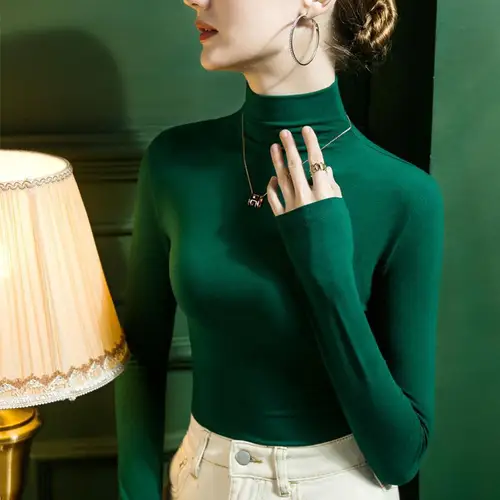 Imagen 2 del producto Camisa de Cachemira cepillada de cuello alto para mujer, Camiseta básica de manga larga de Color sólido, Top nuevo de otoño e invierno, 2022