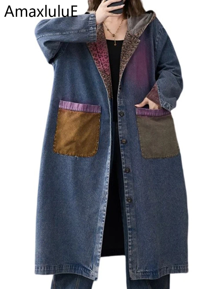 

Amax LuluE 2025 Fall Womens Loose Long Denim Trench Female Leopard Fashion Leisure Coats Vintage Patchwork Big Size Windbreakers