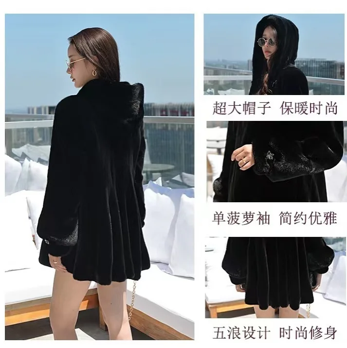 Black Temperament Women Faux Fox Fur Jacket Chic Fur Trim Hooded Warm Mink Fur Jacket For Female Winter Cozy Lady Eco Fur Coat