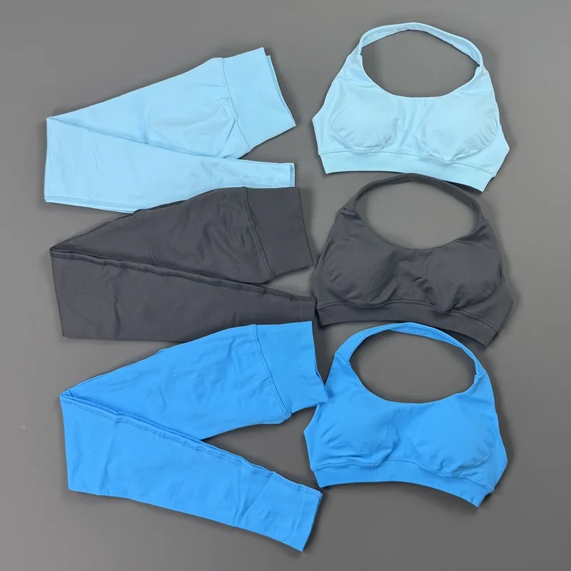 2piece Gym Set Women Halter Shockproof Sports Bra High Waist Tummy Control Legging Soft Stretchy Suit Yoga Training Workout Sets