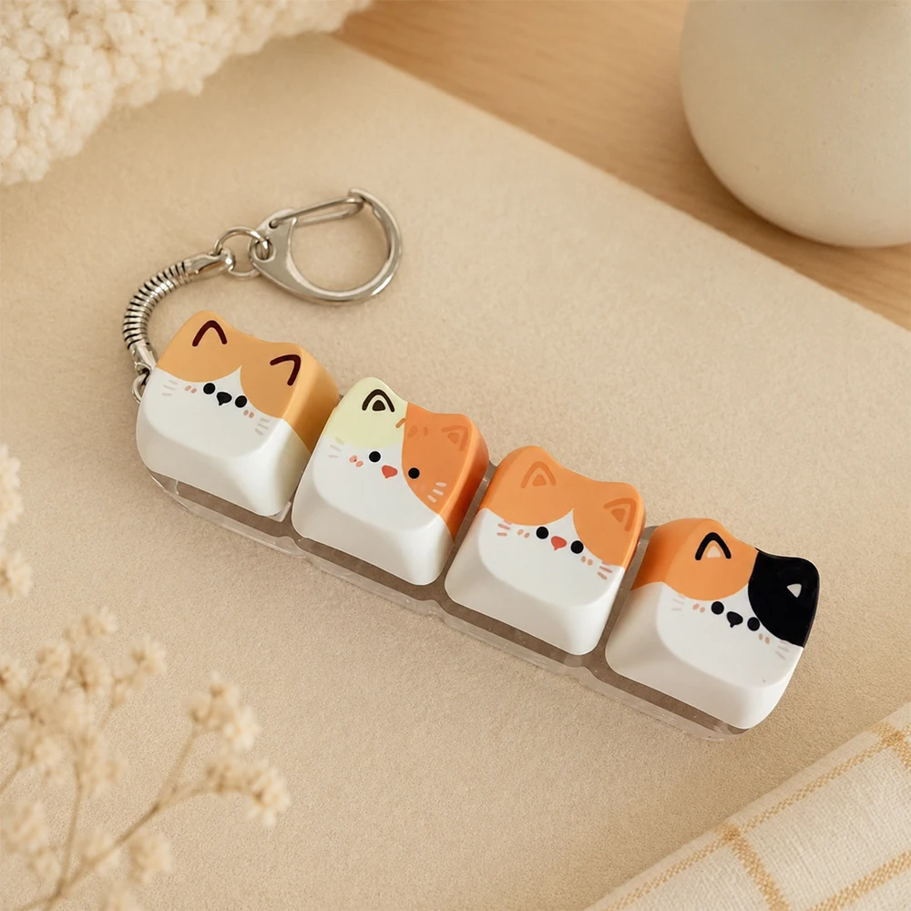 Schattig katten relaxknop toetsenbordknopje, Kawaii katten 4-toetsen toetsenbord fidget toy voor vrienden cadeau, draagbare fidget sleutelhanger mode tas charme
