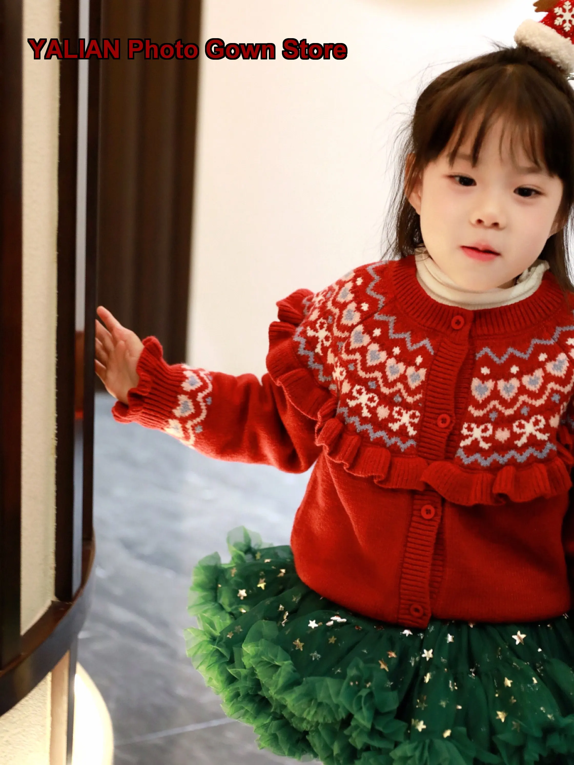 Kids Two-Piece Set Girls Ruffle Collar Contrast Color Cardigan Baby Girl Christmas Coat Knit Top