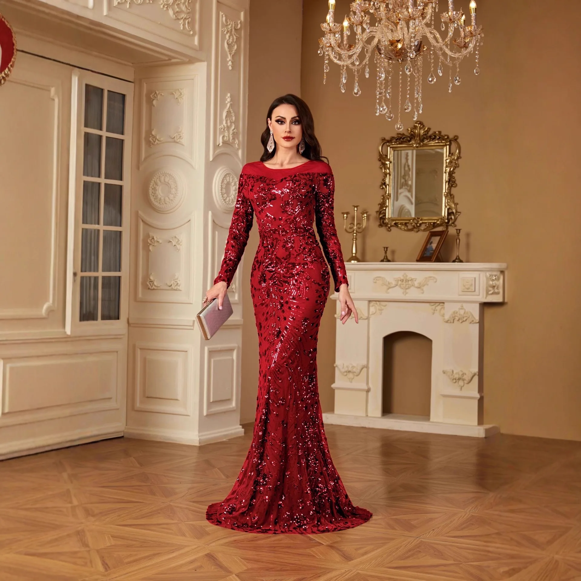 ชุดราตรีทรงยาวประดับเลื่อม ดีไซน์เข้ารูปทรงสวยหรู รุ่นใหม่เอวสูง ผ้าใยสังเคราะห์