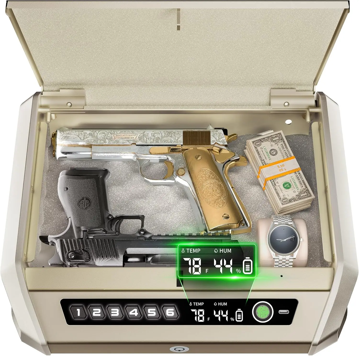 Replaceable Battery & YellowGun Safe with LCD Display, ≤0.1s Quick Access Biometric Handgun Safe for 2-4 Pistols, Hand Gun Lock