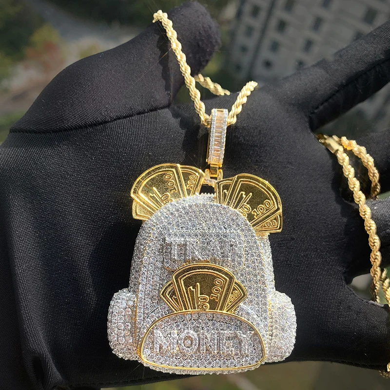 Hip Hop 5A+ CZ Stone Bling Iced Out MONEY Bag TRAP Pendant Necklace for Men Rapper Jewelry Gold Silver Color