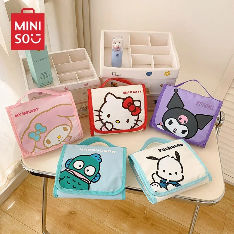 Miniso Sanrio Cartoon Kuromi Hello Kitty Foldable Makeup Bag Large Capacity Storage Portable Handbag Suspension Type Hold  Brush