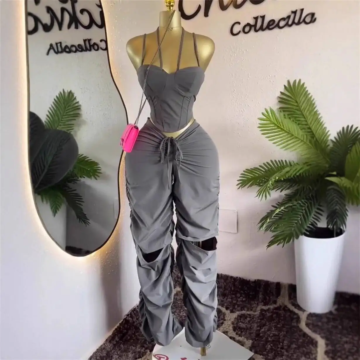 

2026 Women's Cargo Pants High Waist Straight Pleated Pants Slimming Camisole Sleeveless 2-Piece Set