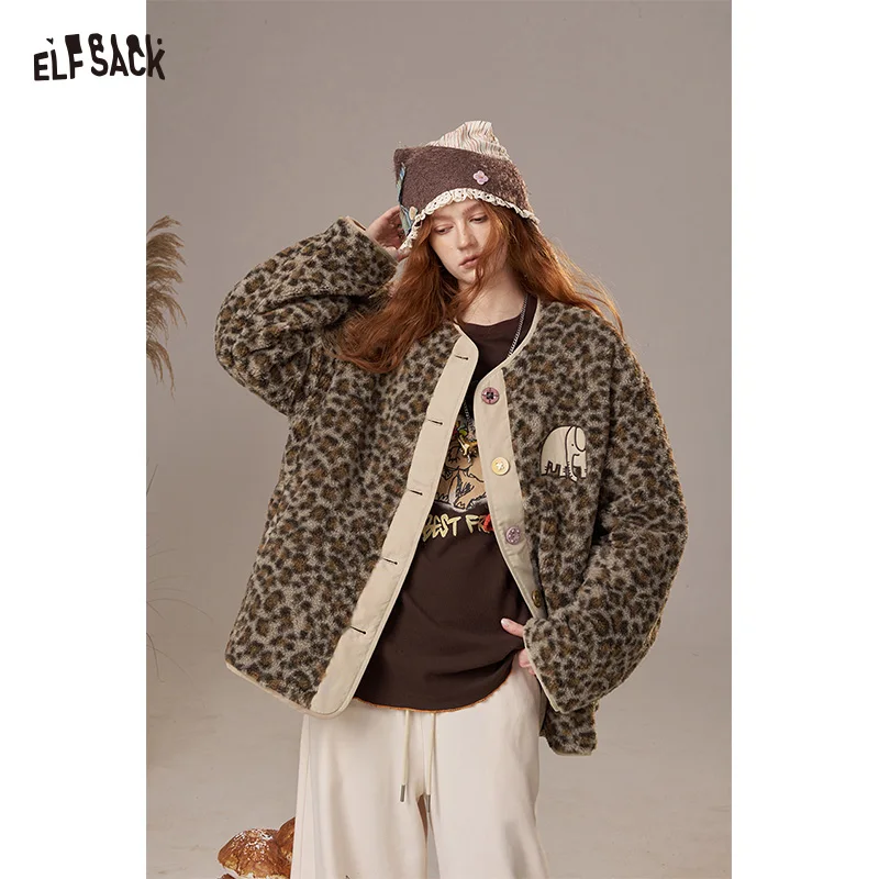 

ELFSACK 2025, зимние новые поступления, Y2K, куртка-пуховик с животным принтом и искусственной овчаркой для женщин
