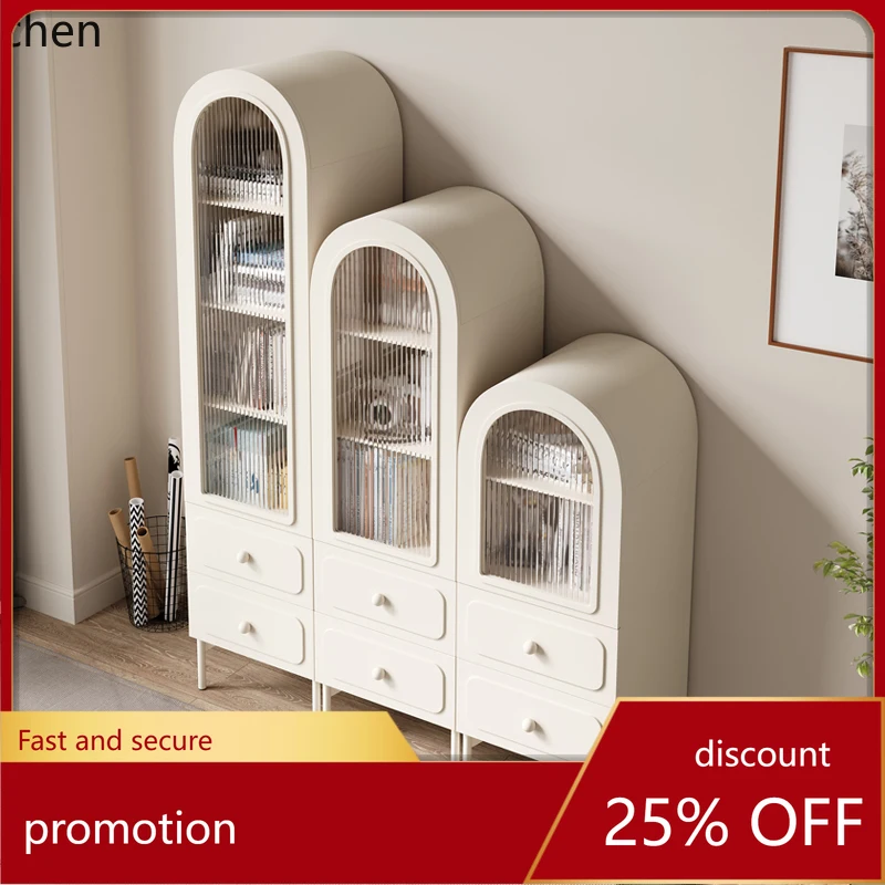 HT living room bookcase with glass door combination arched locker household cream wind display cabinet