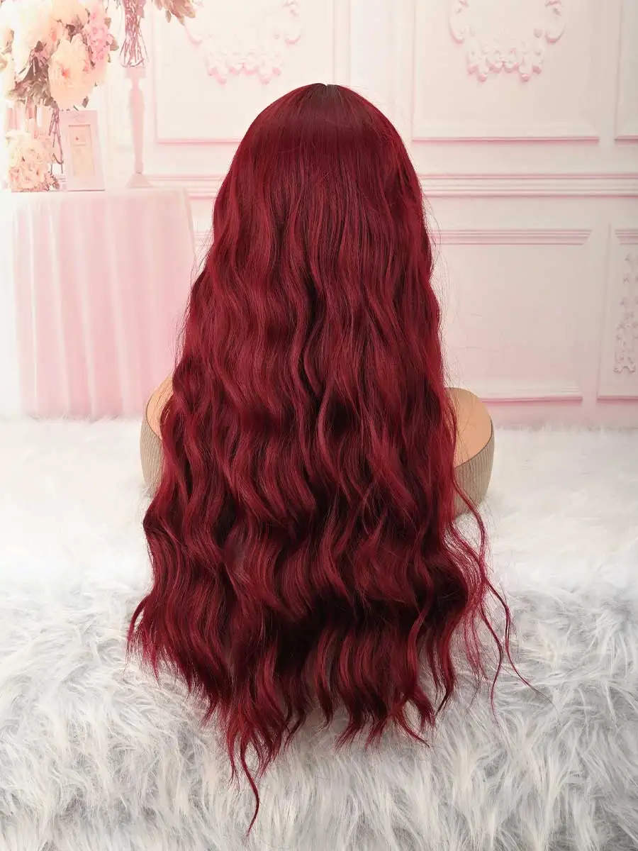Realistic Wine Red Long Wavy Wig with Straight Fringe, Machine Made Synthetic Water Wave Hairpiece, Low Maintenance Styling Wigs for African American Women Club & Daily Look image 6