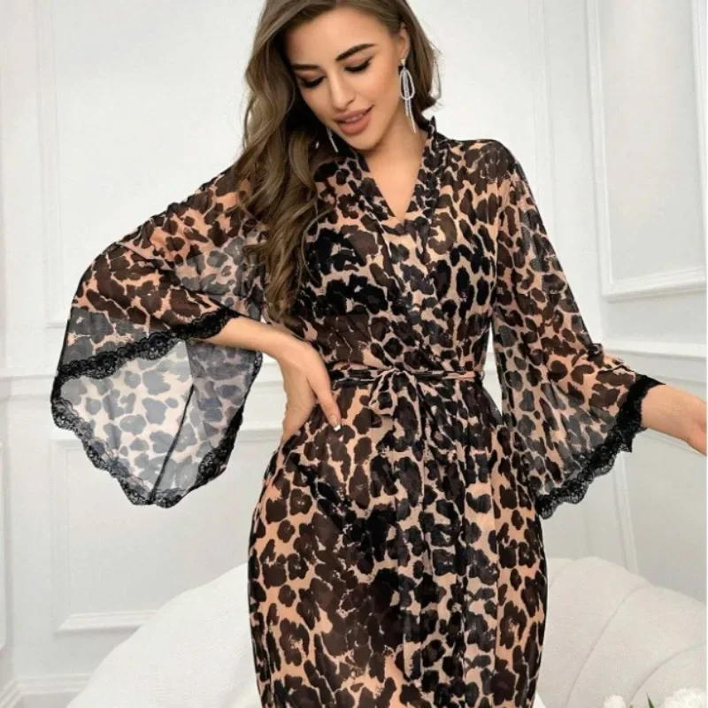 

Sexy Leopard Print Pajama Set with Net Fabric Pajamas, Comfortable and Breathable, Including Belt and Underwear. 3-piece Set.