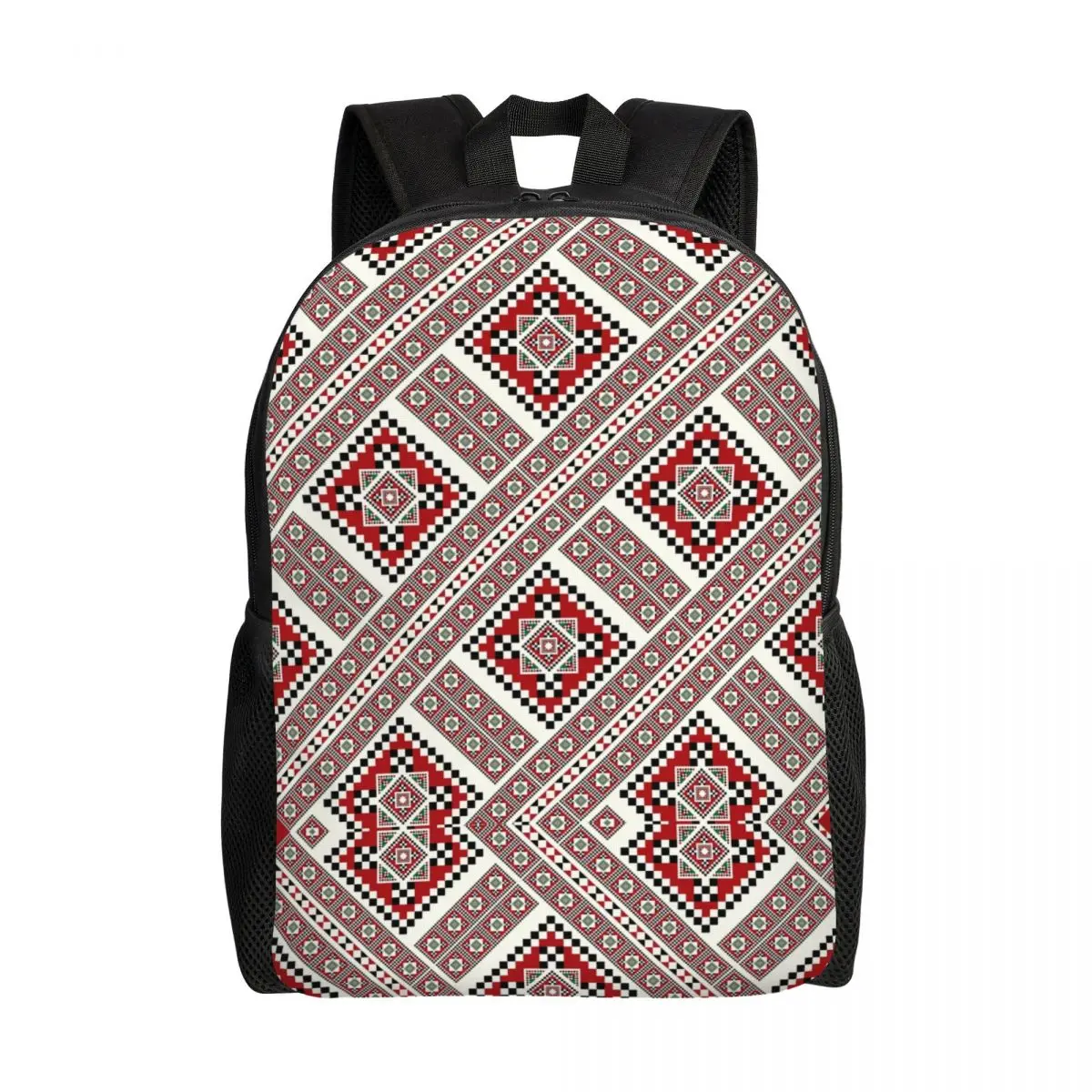 

Traditional Embroidery Romanian Towel Model Corners Backpack Bookbag for College School Ukraine Boho Bohemian Geometric Bags