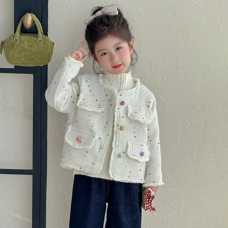 

Sweet Toddler Girl's Jacket: White Knitted Coat with Colorful Spots, Warm & Stylish for Autumn/Winter Kids' Fashionable Outwear
