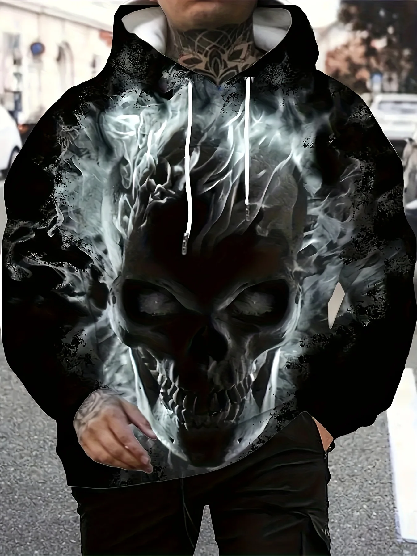 Customization [Men's Graphic Hoodie] Men's Skull Poker Print Long Sleeve Casual Hoodie With Drawstring Pocket - Stylish Graphic
