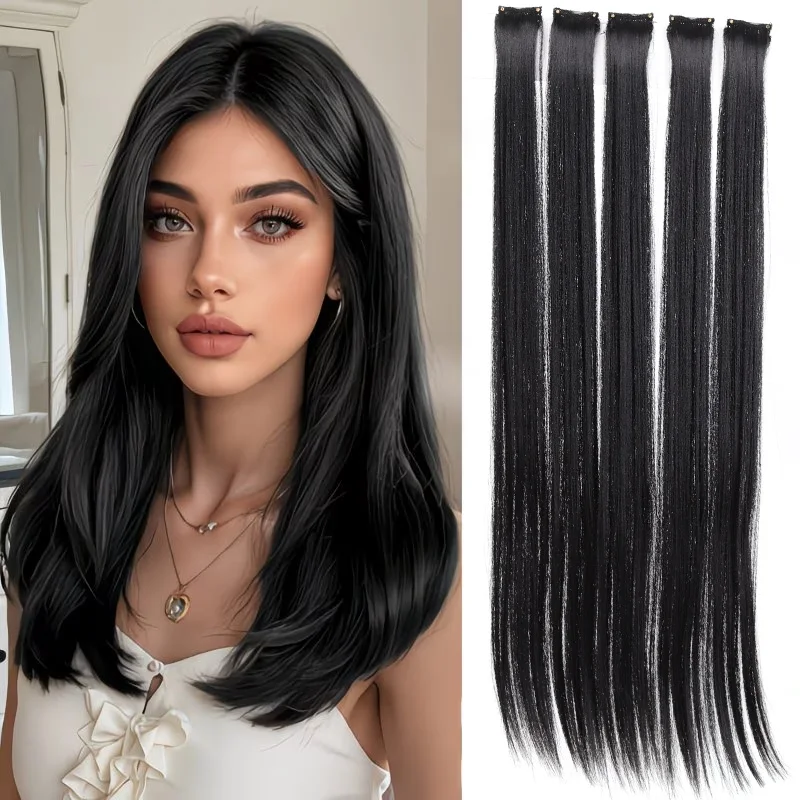 24 Inch Women's Elegant Clip On Synthetic Wig - Natural Style Long High Gloss Straight Hair Piece Wig Extension