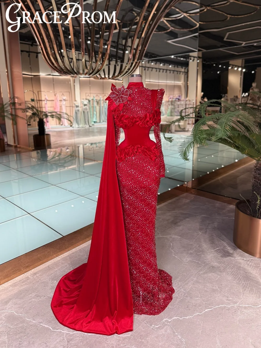 

Ruffled Embroidery Beaded Evening Dress Opulent Illusion Mermaid Long Formal Party Gown New Customized Stunning Prom Dresses