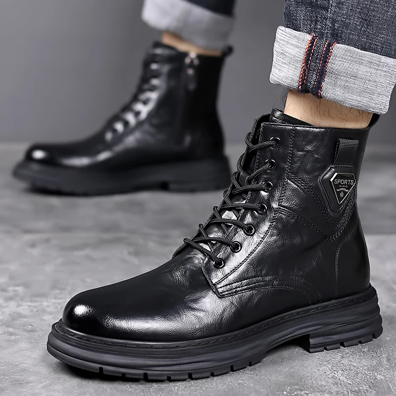 High Quality Brand Men\'s Leather Casual Shoes Outdoor Workwear Shoes Thick Soled Wear-resistant Men\'s Motorcycle Boots Handsome