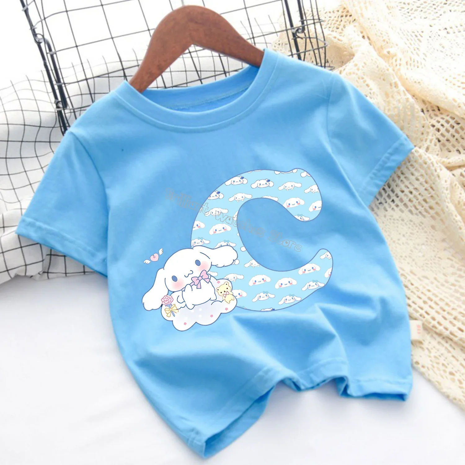 Cinnamoroll 26 Letters T-shirt Children Sanrio Cartoon T-shirt Fashion Blue Short Sleeve Cute Anime Loose Clothing Kids Tee Gift