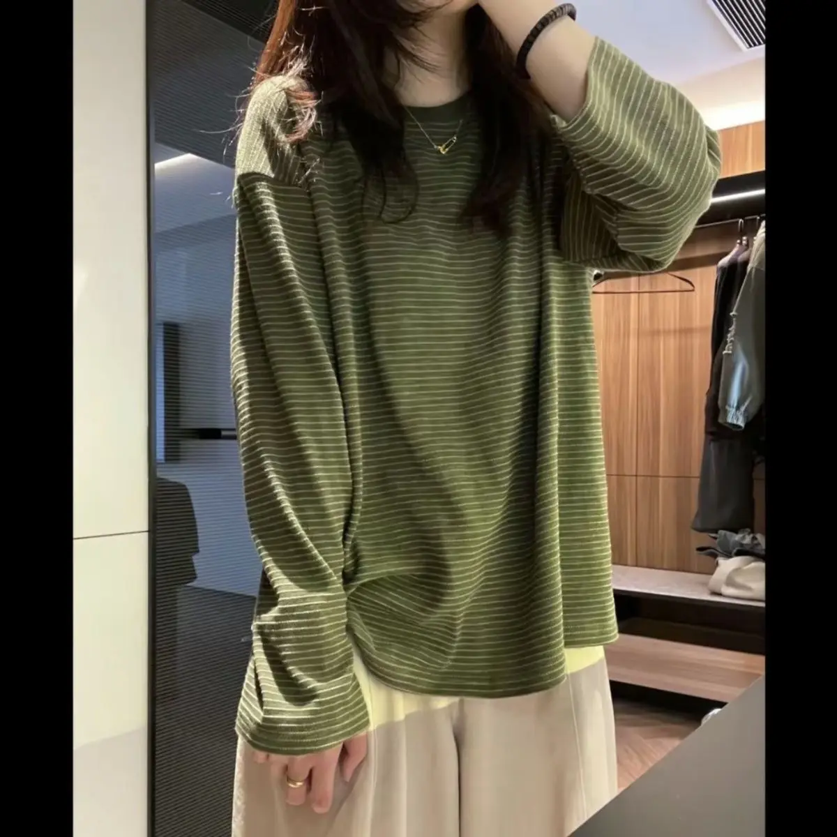 Women 2026 Spring Autumn New  Cotton Striped Long Sleeve T-Shirt Loose Lazy Style Crew Neck Basic Layering Top