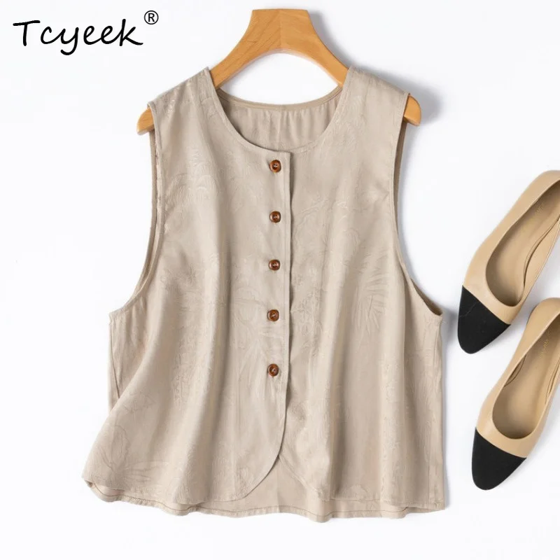 

Tcyeek 100% Real Mulberry Silk Tops for Women 2026 Summer New Beige Wooden Buttons Sleeveless Vests Ladies Clothing Ropa Mujer