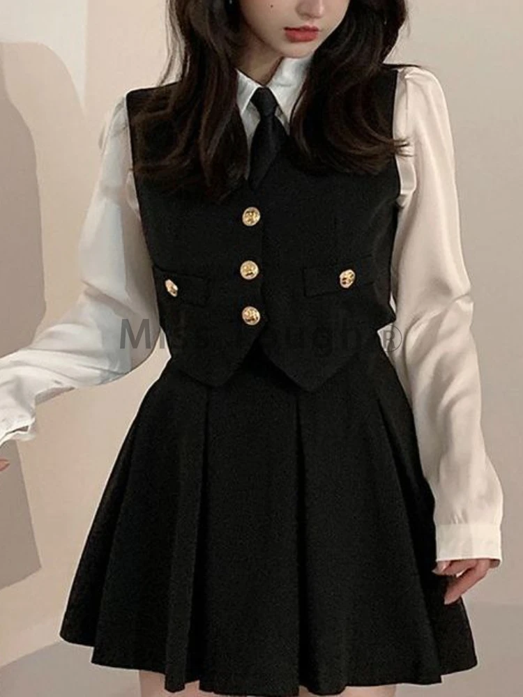 School Style Vest Shirt Three Piece Set Female Autumn Sexy Button Design Street Uniform Set Women Y2k Korea Fashion Simple Suit