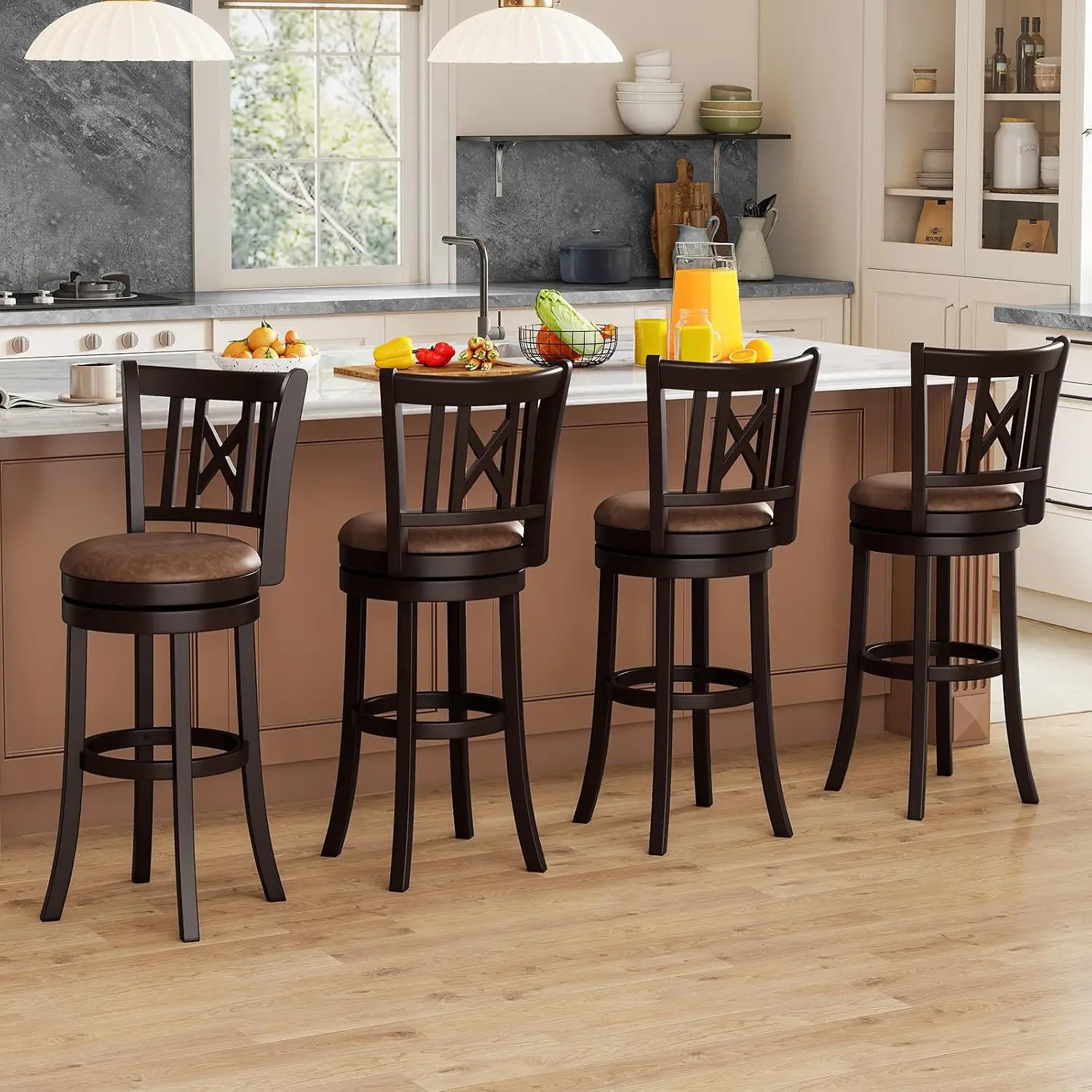 Bar Stools Set of 4, 30” Swivel Bar Chairs with Footrest, Rubber Wood Frame & Hollowed Backrest, Leathaire Bar, Customized