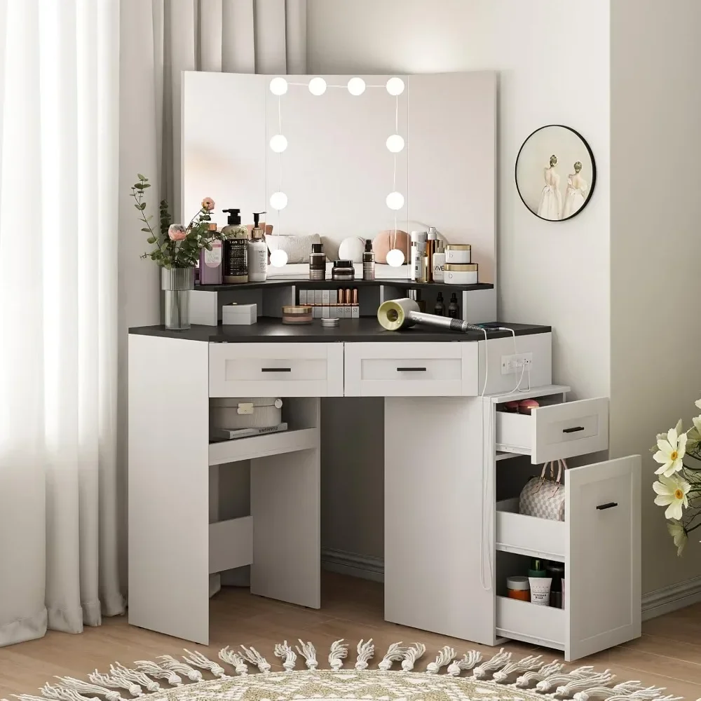 Corner Vanity Desk with Tri-Fold Mirror and Adjustable Light,Power Outlet, 3 Drawers, Sliding Cabinet, Open Shelves for Bedroom